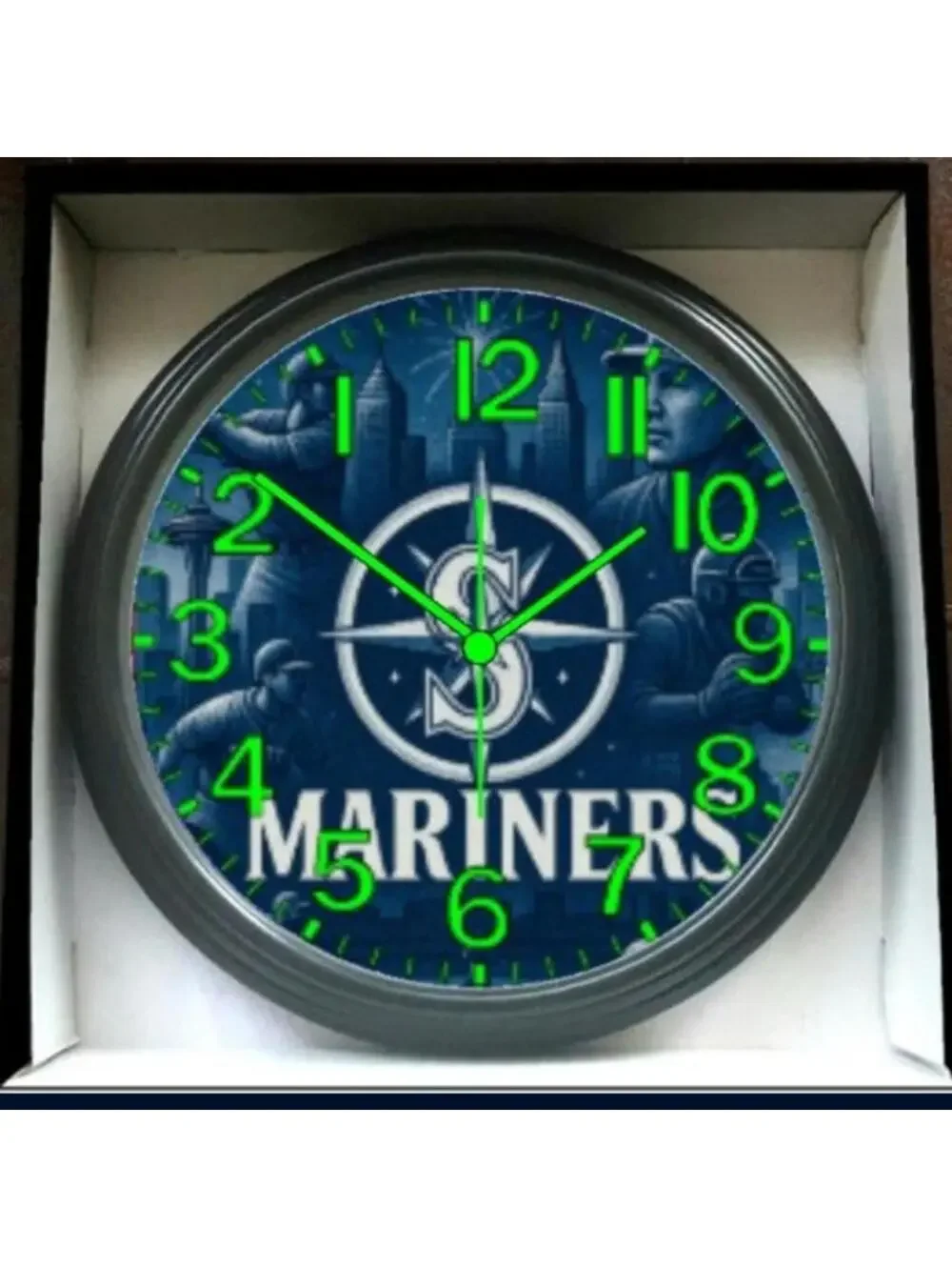REVERSE TICKING CLOCK Seattle Mariners Glow In The Dark Wall Clock New!